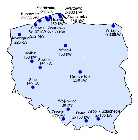 Rozmieszczenie elektrowni wiatrowych na terenie Polski - stan na XII 2001 r. (za EC BREC)